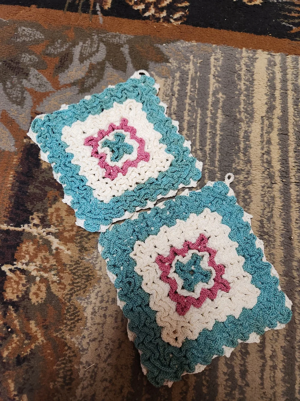 Handmade Teal, Cream & Pink Crochet Pot Holders